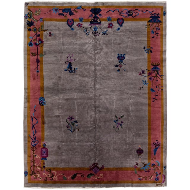 20th Century Antique Art Deco Handmade Gray Chinese Wool Rug With Floral Design For Sale - Image 11 of 11