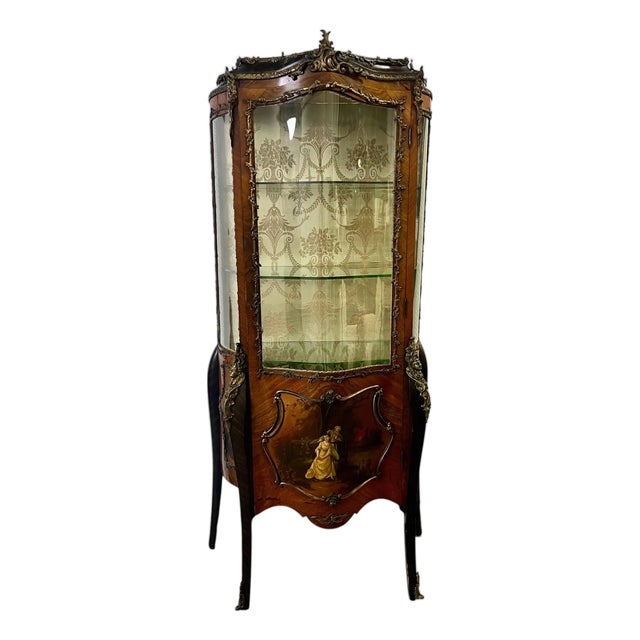Antique 19th C. French Louis XV Vernis Martin Ormolu Serpentine Vitrine Cabinet For Sale