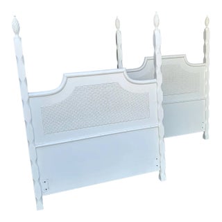 1970s Vintage Pair of Pagoda Wood Twin Headboards With Cane, Faceted Poles and Turned Pineapples For Sale
