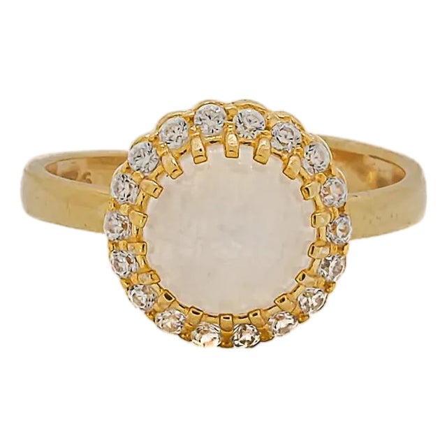Moon Gemstone Gold & Diamond Statement Ring, Size 8 For Sale