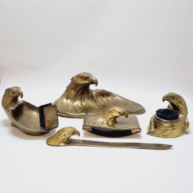 Art Deco Brass Desk Set with Stylized Eagle Heads, 1920s, Set of 5 For Sale - Image 3 of 18