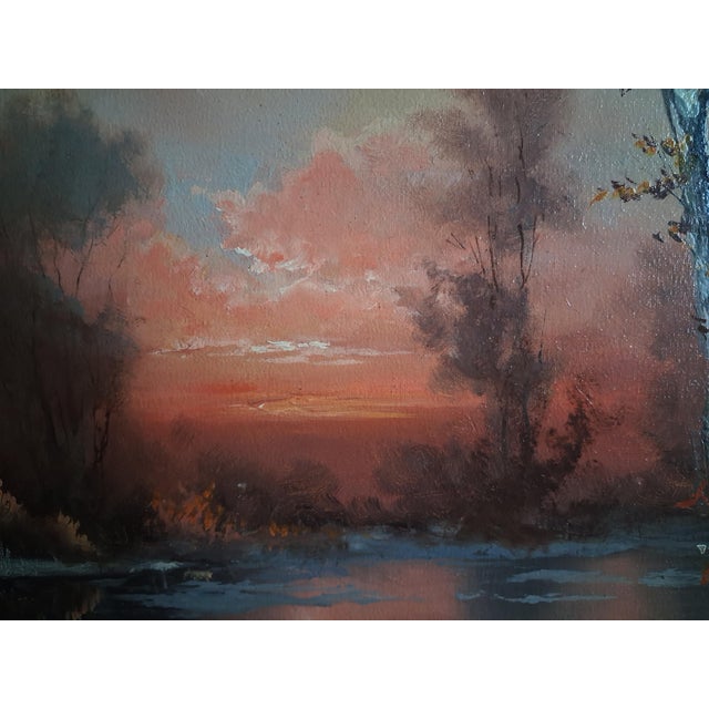 Mid 20th Century 20th Century Winter River Sunset Landscape Oil Painting With Birches, Signed Cardi For Sale - Image 5 of 11