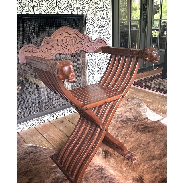Antique Savonarola-Style Folding Wood Chair With Figural Armrests For Sale - Image 4 of 4