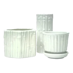 Hollywood Regency White Ceramic Faux Bamboo Vessel Curation - Group of 3