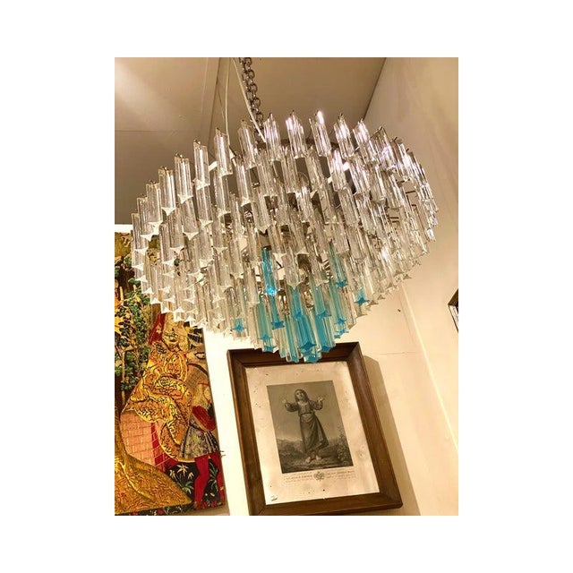 Transparent and Light Blue Triedro Chandelier in Murano Glass For Sale - Image 6 of 14