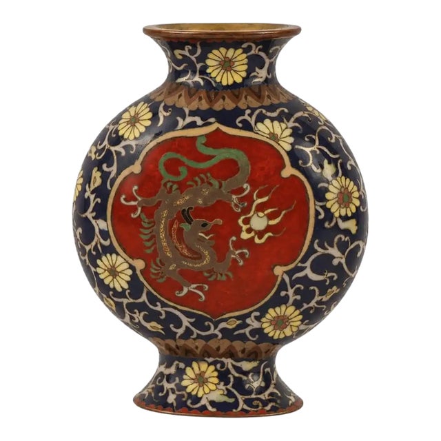 Japanese Cloisonne Enamel Miniature Dragon Phoenix Moon Flask Vase Meiji For Sale