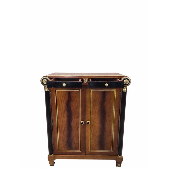 Neoclassical Empire Revival Mahogany Bar Cabinet with Greek Key Inlay & Ormolu Mounts Elegant Neoclassical Empire Revival...
