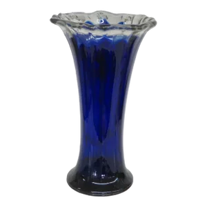 Murano Style Hand Blown Glass Cobalt Blue Clear Ruffled Rim Large Vase