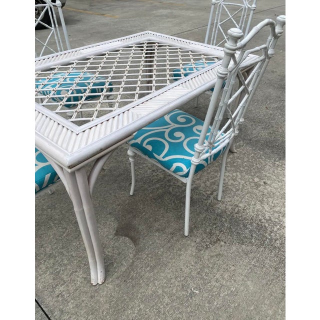 Boho Chic 1970s White Wicker Dining Table With Metal Chairs and Blue Accent Cushions For Sale - Image 3 of 9