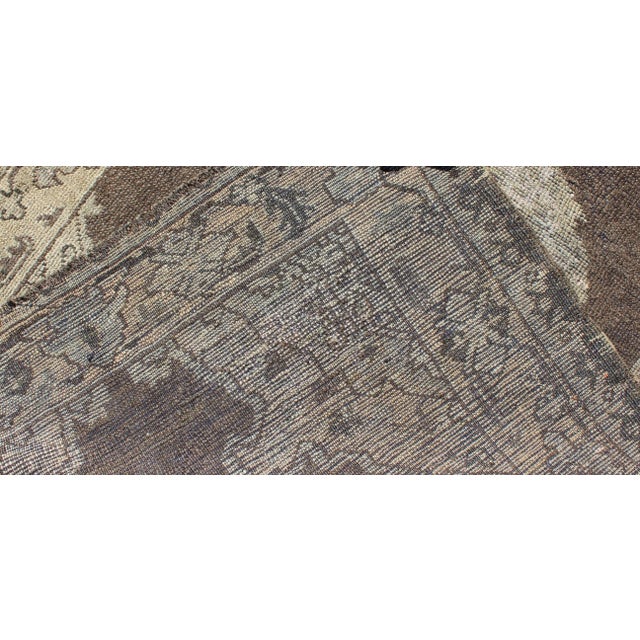 Chocolate Background Vintage Turkish Oushak Rug With Floral Medallion in Cream For Sale - Image 4 of 7
