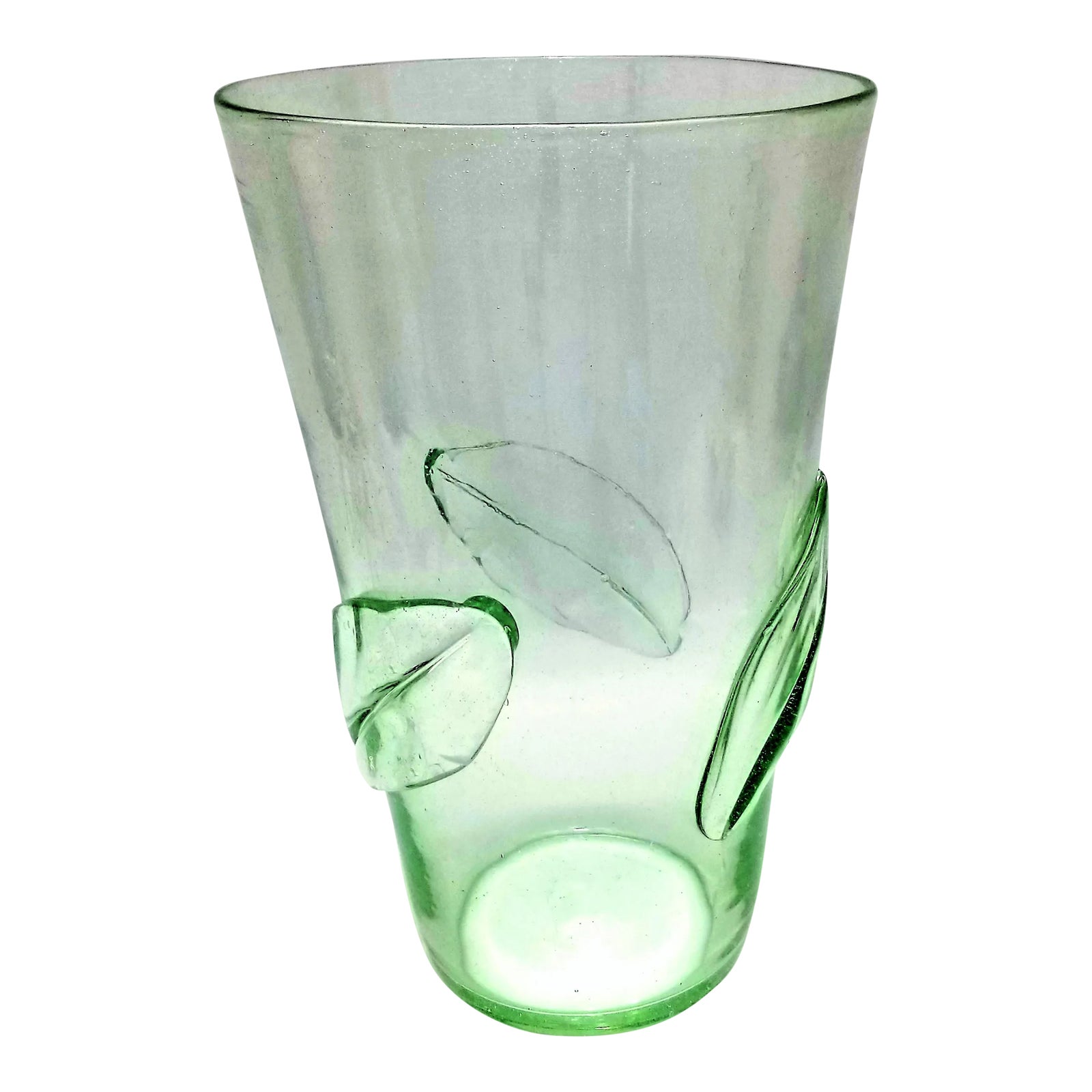 Large Vintage 1960s Light Green Blenko Vase With Applied Leaves 366Ll