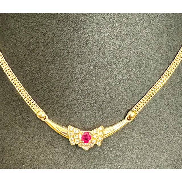 Natural Oval Ruby & Diamond Pendant Necklace 14k Yellow Gold, 15 Inch Long For Sale In New York - Image 6 of 8