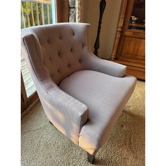 Transitional Pair of Gray Tufted Upholstered Club Chairs For Sale - Image 3 of 5