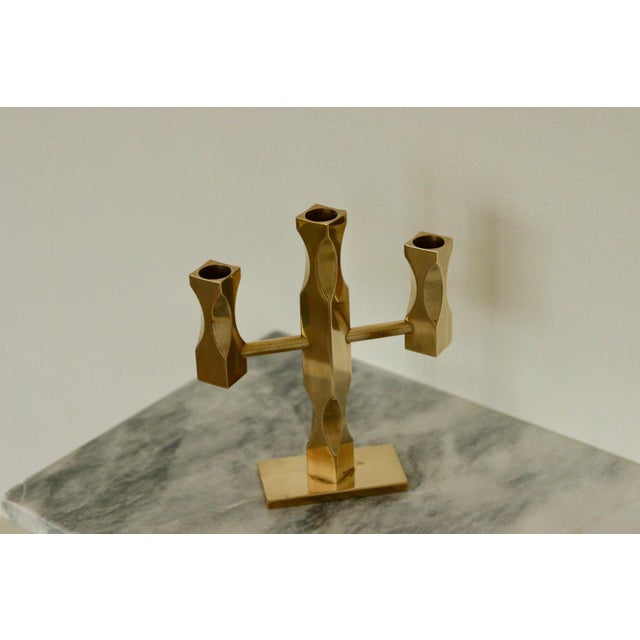 Swedish Three-Arm Candelabra in Brass by Lars Åkesson for Vallonmässing For Sale - Image 4 of 10