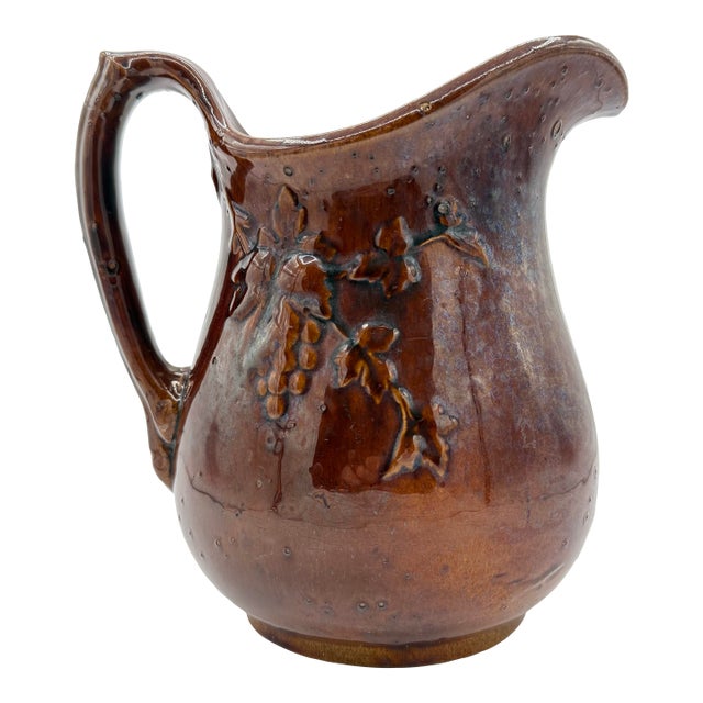 Antique Rockinghamware Grape Relief Pitcher – Brown Tortoiseshell Glaze c.1870–1900 For Sale