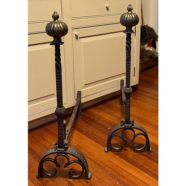 Gothic Very Large Antique 19th Century French Baroque Wrought Iron and Bronze Andirons With Gothic Tudor Arch for Limestone Fireplace Mantel For Sale - Image 3 of 15