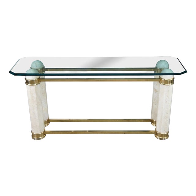 Vintage Italian Regency Travertine Stone Brass & Glass Console Hall Sofa Table For Sale