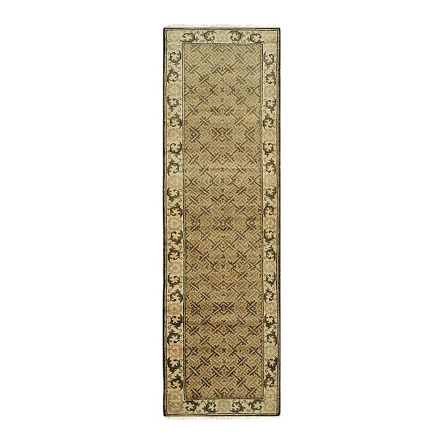 3x12 Green Hand-Knotted Wool Scrolled Leaf Border Geometric Modern Carpet Rug For Sale