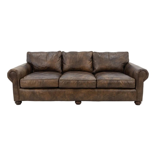 Restoration Hardware Lancaster Classic Brown Leather Luxe Depth Sofa For Sale