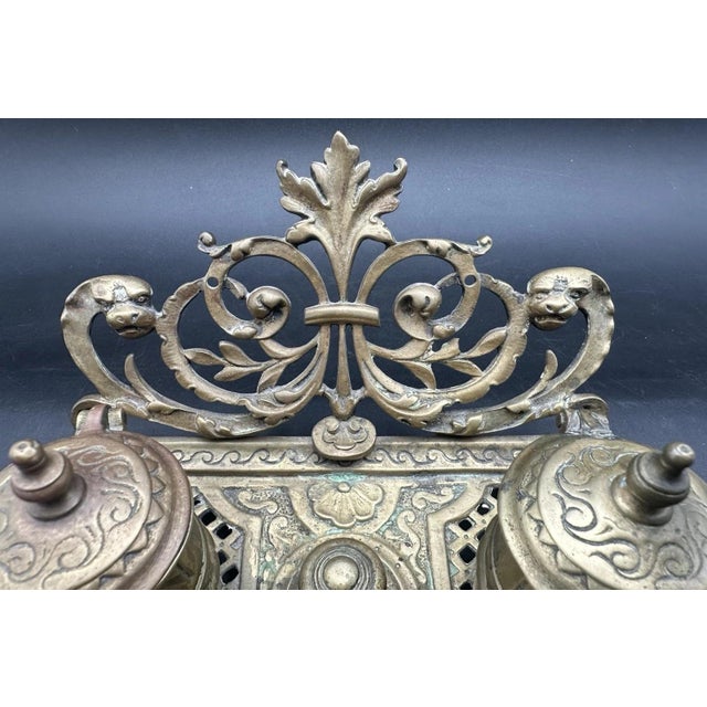 Antique Double Inkwell Ornate Brass Figural Lion Head Beast Mythical Scroll For Sale - Image 13 of 16