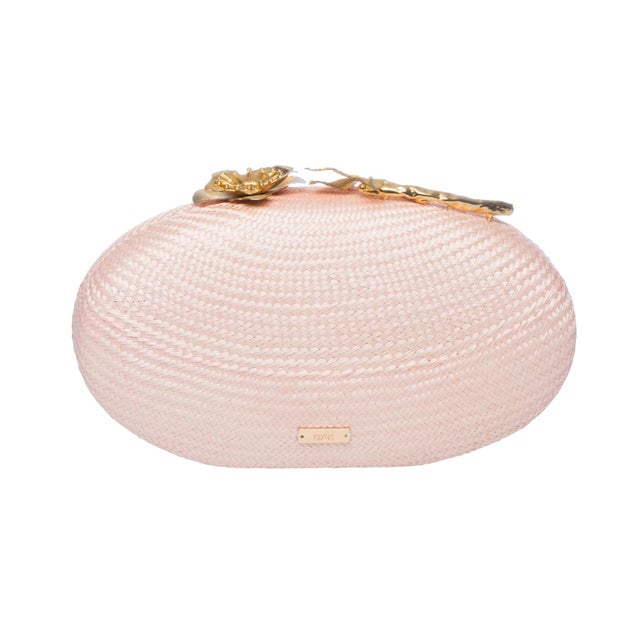 Metal Joanna Oval Clutch in Pale Pink With Gold Flower Clasp For Sale - Image 7 of 7
