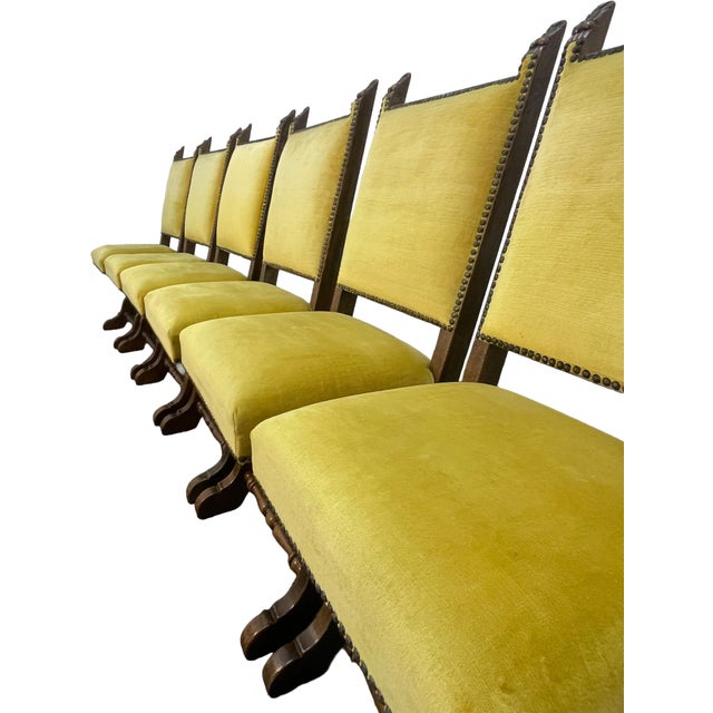 Wood Set of 6 Spanish Revival Mahogany Dining Chairs With Yellow Velvet Upholstery, 1970s For Sale - Image 7 of 17