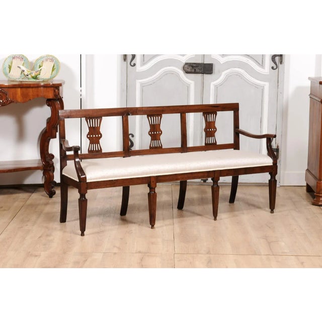 19th Century Italian 19th Century Walnut Three-Seater Bench with Carved Splats and Upholstery For Sale - Image 5 of 11