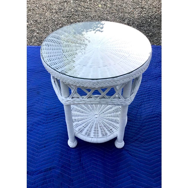 1980s Vintage Natural Wicker Side Table With Glass Top Freshly Painted in Gloss White Chairish