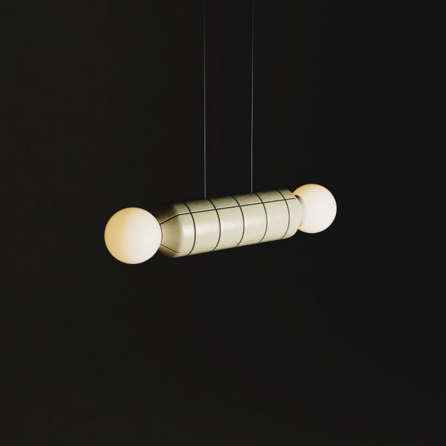 Modern Horizontal Pendant Light With Ceramic Base – Yellow With Black – Handcrafted For Sale - Image 4 of 5