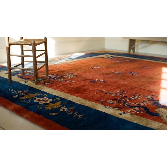 1920s Red Floral Modern Antique Chinese Art Deco Rug 9' X 9' 9'' Handknotted Wool Carpet For Sale - Image 9 of 9
