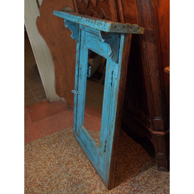 Fabulous rustic French turquoise painted mirror in a door frame and a corniche. So you can open the door!!!! Perfect for a...