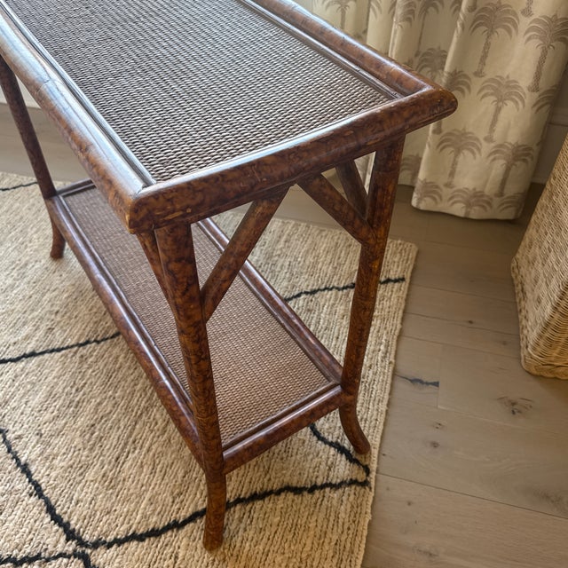 Vintage Bamboo and Cane 2 Tiered Console Table With Tortoiseshell Finish For Sale - Image 4 of 8