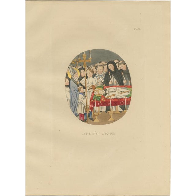 This refined pair of hand-colored lithographs presents two complementary scenes from medieval Catholic ritual life: the...