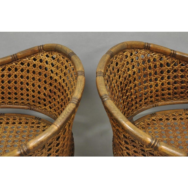 Vintage Hollywood Regency Faux Bamboo Wood & Cane Barrel Back Lounge Chair, Pair For Sale - Image 12 of 15