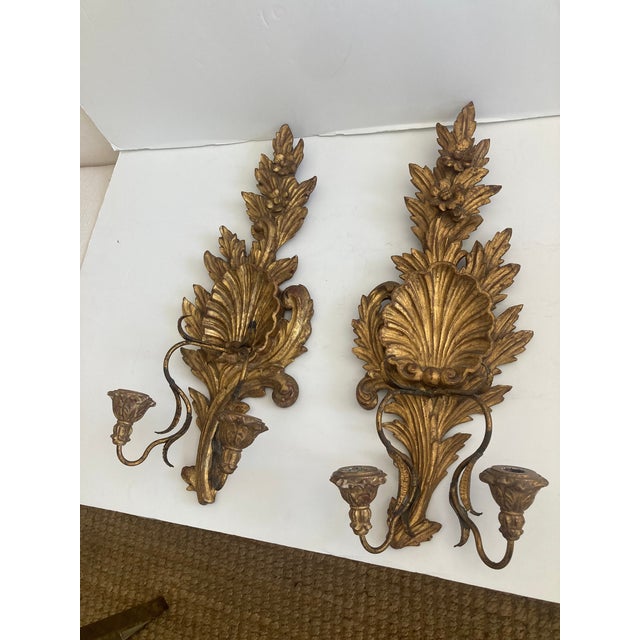 Wood Italian Baroque Carved Gilt Wood Wall Sconces - A Pair For Sale - Image 7 of 11
