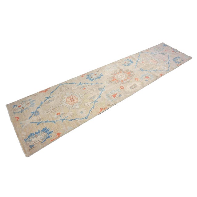 Textile 21st Century Turkish Oushak 3X12 Beige, Slate Blue, Ivory & Orange Handmade Runner Rug #1144198 For Sale - Image 7 of 12