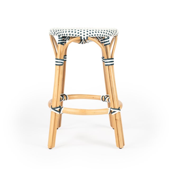 2020s Tobias 24 in. Seat Height Round Rattan Backless Counter Stool, White/Navy Dot / Natural Rattan Frame For Sale - Image 5 of 8