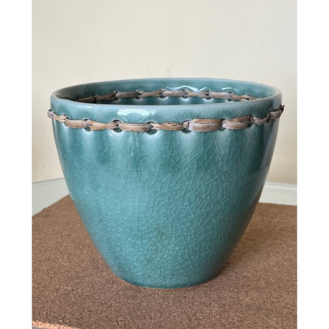 Dark Teal ‘Crazed’ Glazed Ceramic Planter For Sale - Image 4 of 6