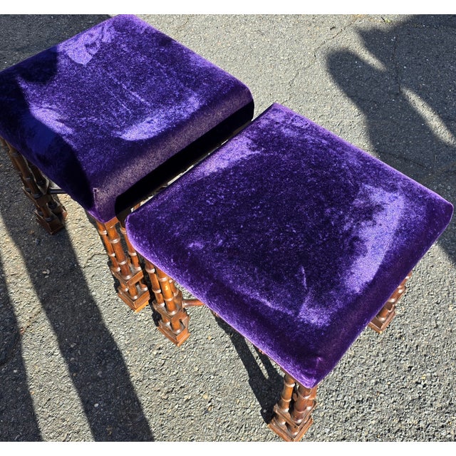Pair of English Aesthetic Movement Walnut X-Frame Stools With Turned Legs and Purple Velvet Upholstery, Late 19th Century For Sale In Washington DC - Image 6 of 7