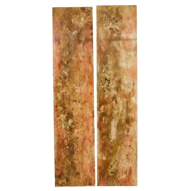Pair of french 1950’s abstract acrylic panels. Screens are made from browns, oranges, yellows and greens with gold leaf in...