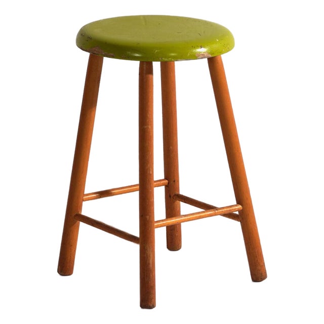 Vintage Wooden Stool with Round Seat, 1950 For Sale