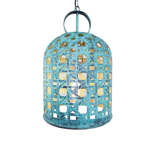 Open cane style weaved copper bell shaped lantern. Beautiful verdigris patina. This unique, handmade lantern will add...