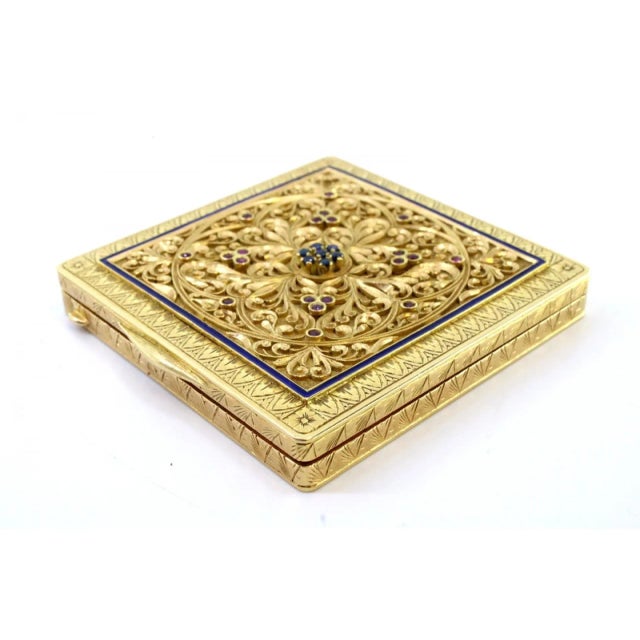 Gold Toiletry Box with Geometric Relief Figures, Enamelled Panel, Chiseled Casing with Cutouts, Mirror and Powder Puff Net For Sale - Image 11 of 14
