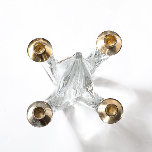 Transparent Mid-Century Crystal & Brass Amorphic 4 Arm Candelabra Signed Schneider For Sale - Image 8 of 9