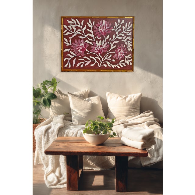 An original work of considerable decorative impact by artist Tatiana Duperault. Flowering branches in blush and crimson...