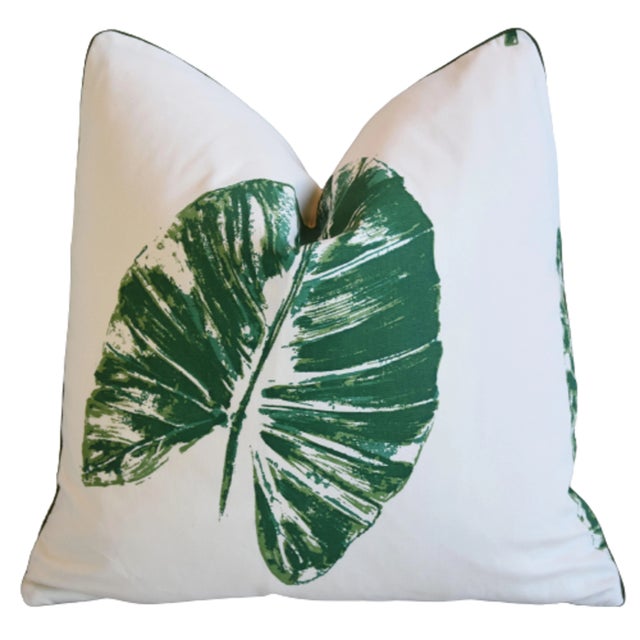 Custom-tailored designer pillow in Kravet Fabrics "Banana Leaf" hand-printed cotton fabric depicting a large botanical...