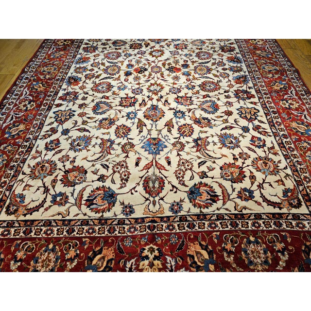 Vintage Persian Isfahan Rug, Hand-Knotted Wool, Allover Floral Pattern, Ivory & Red, 10x14 For Sale - Image 11 of 14