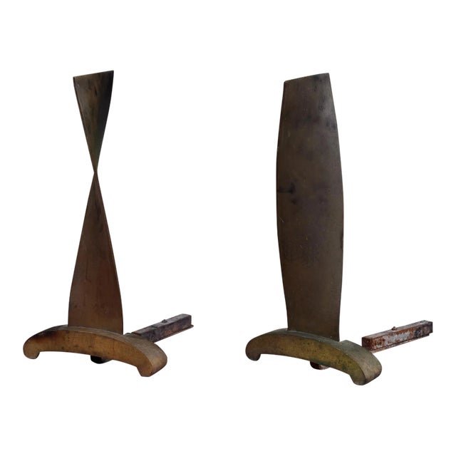 Modernist Twisted Bronze Andirons For Sale