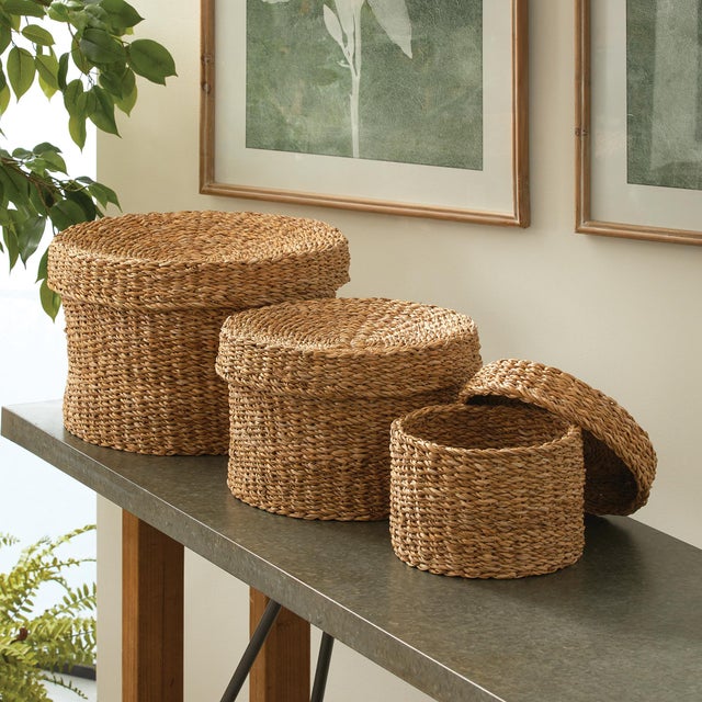 Kenneth Ludwig Chicago Seagrass Round Lidded Baskets, Set Of 3 For Sale - Image 4 of 5