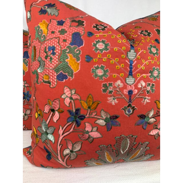 Transitional Ikat Embroidery Linen in Tomato 22" Pillows-a Pair For Sale - Image 3 of 3